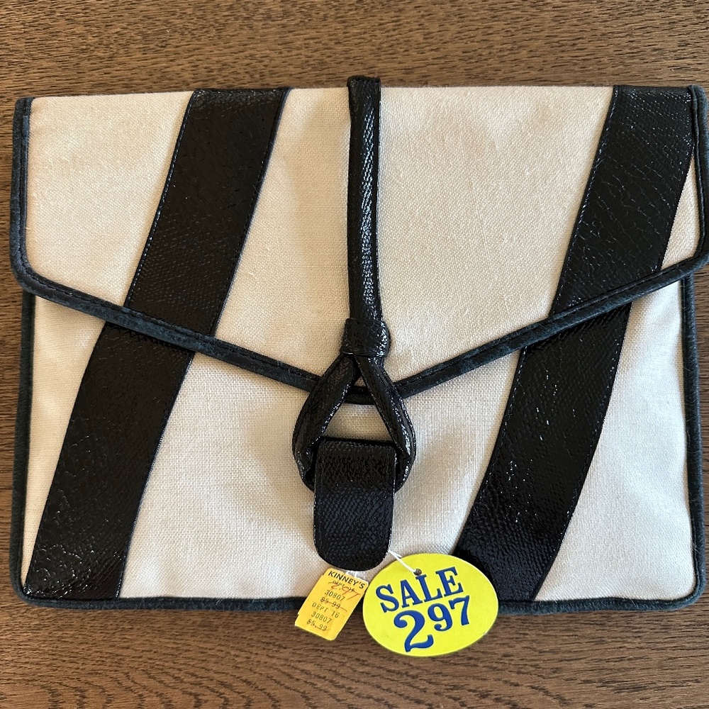 Vintage Black & Beige  Canvas Patent Leather Clutch Bag